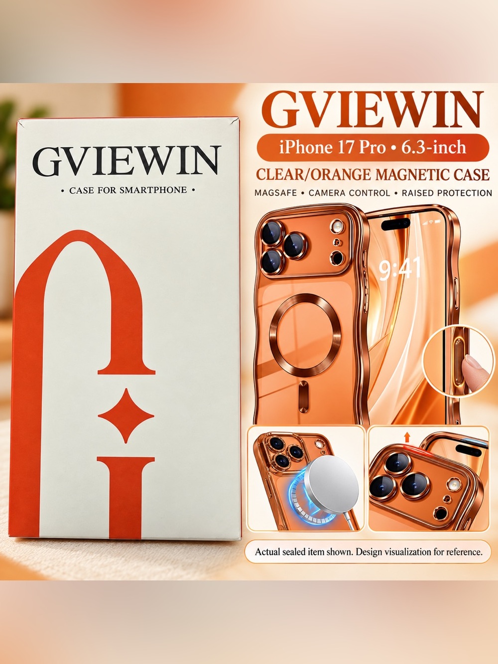 NEW GVIEWIN iPhone 17 Pro 6.3 Clear Orange Magnetic MagSafe Case